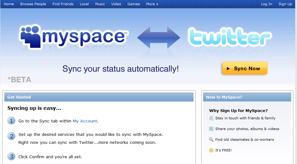 The MySpace Twitter Sync page