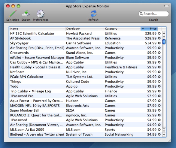 Expense Monitor showing purchased apps (via Macblog)