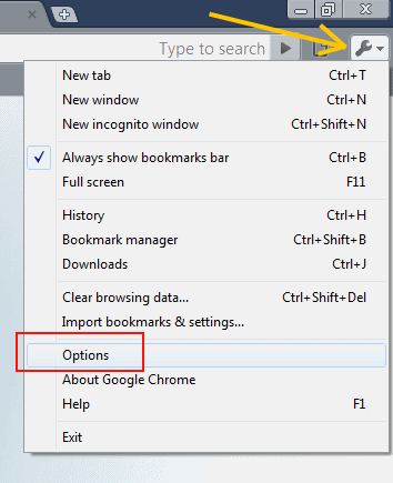 Open the Options window in Chrome