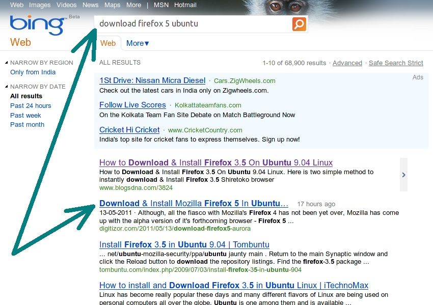 Results for the keyword "Download Firefox 5 Ubuntu" on Bing