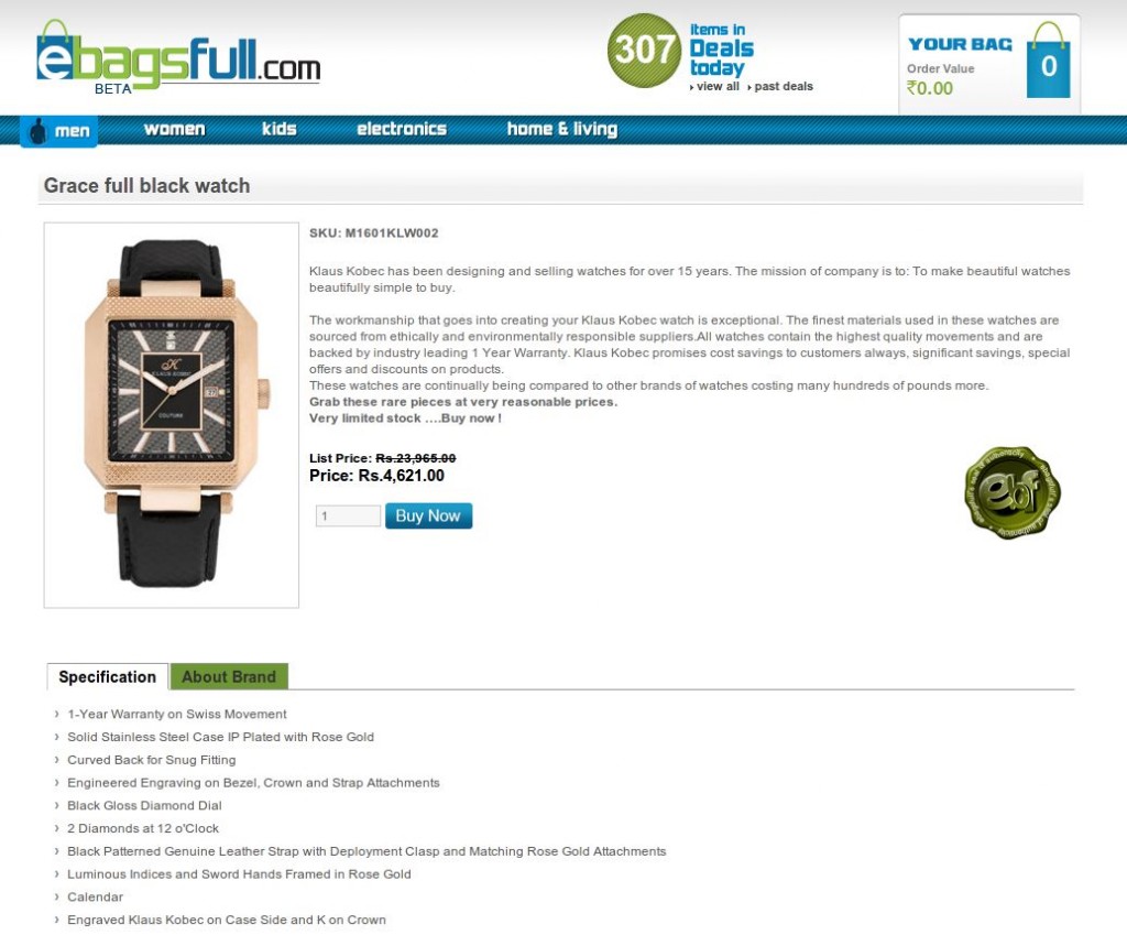 ebagsfull - full on ecommerce store in India; Competition for Flipkart?